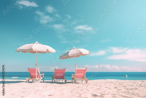 Transport yourself to a serene beach scene adorned with sun loungers and colorful umbrellas. This captivating image captures the essence of a relaxing vacation, Generative AI © Kishore Newton