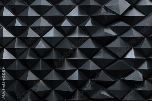 Introducing a polished, semigloss wall background featuring exquisite tiles. The triangular tile wallpaper showcases striking 3D black blocks, creating a visually captivating effect. Generative AI