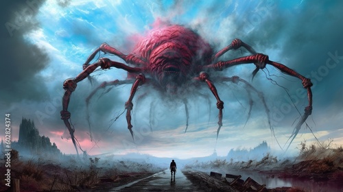A giant spider made of clouds looming over a surreal landscape. Fantasy concept , Illustration painting. Generative AI © X-Poser