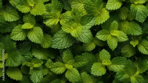 Aromatic Lemon Balm Herbs Photorealistic Horizontal Background. Healthy Vegetarian Diet. Ai Generated Hyperrealistic Background with Delicious Aromatic Lemon Balm Herbs. Generative AI