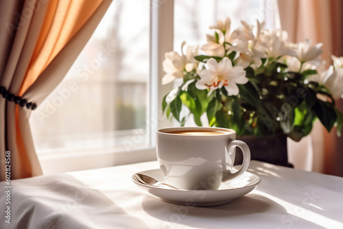 Beautiful Flower Spring Blossom with Hot Coffee on White Table Morning Sunlight from Window