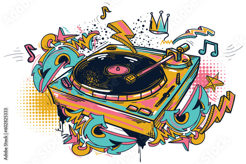 Drawn graffiti turntable, musical notes and graffiti arrows, colorful music design