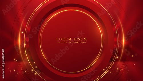 Red luxury background with golden circle frame, glowing lines and glitter light effects decoration. Elegant style vector design