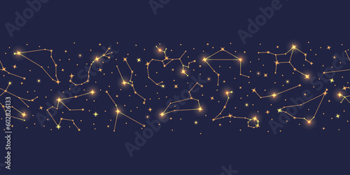 Golden zodiac constellations, trendy astrology seamless pattern on night sly background. Constellations of shiny golden stars repeating print for packaging, cover, wrapping paper vector illustration