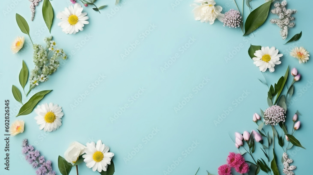 Spring Flowers composition. Frame made of flowers on blue background. Flat lay, top view, copy space, Women's day background, Generative AI