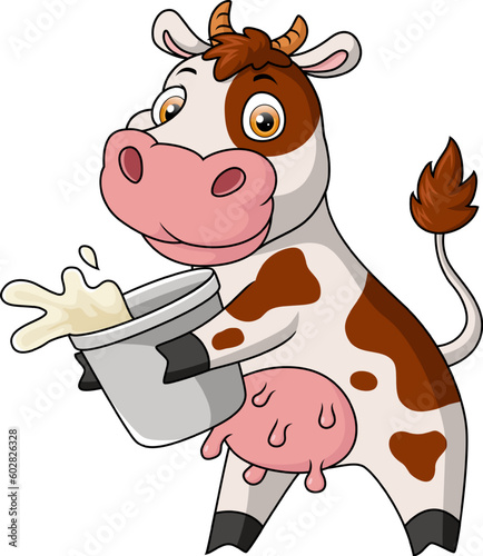 Cute cow cartoon with a bucket of milk