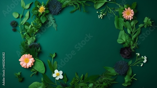 Beautiful flowers on green background with copy space. Flat lay  Mother s Day background  Women s day background  Generative Ai