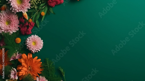 Beautiful flowers on green background with copy space. Flat lay, Mother's Day background, Women's day background, Generative Ai