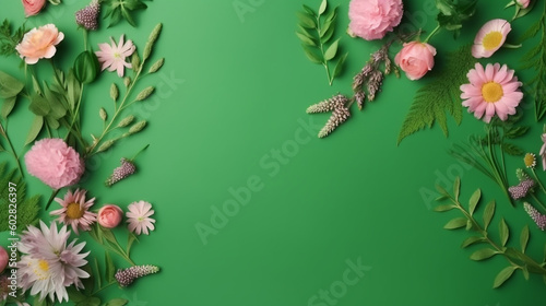 Beautiful flowers on green background with copy space. Flat lay, Mother's Day background, Women's day background, Generative Ai