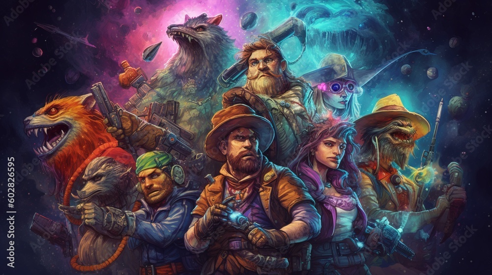 A group of space pirates with alien animal companions. Fantasy concept , Illustration painting. Generative AI A group of space pirates with alien animal companions. Fantasy concept , Illustration painting. Generative AI