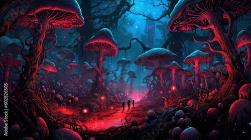 A group of aliens exploring a magical forest. Fantasy concept , Illustration painting. Generative AI