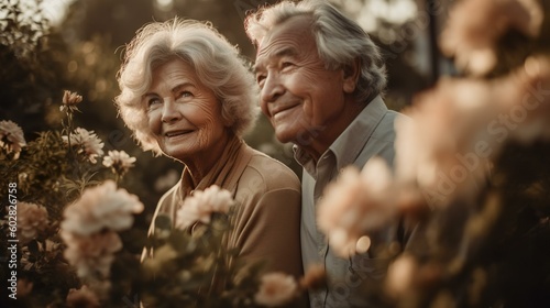 花畑の中を散歩する白人の高齢者夫婦（Generative AI）
 photo