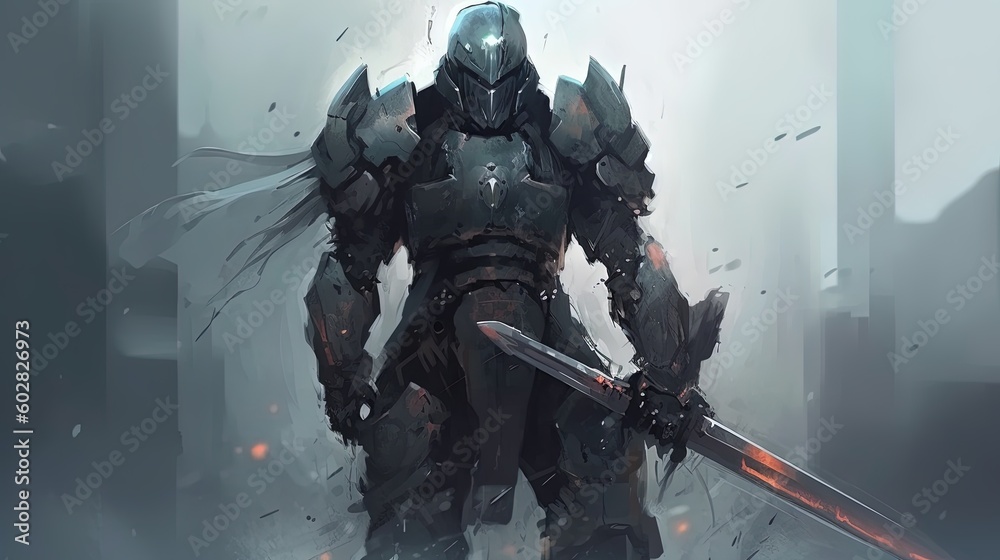 Fototapeta premium A mech warrior with a sword. Fantasy concept , Illustration painting. Generative AI