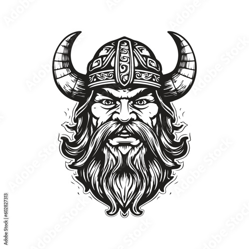 viking cartoon, vintage logo line art concept black and white color, hand drawn illustration