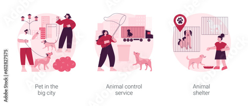 Urban pets abstract concept vector illustration set. Pet in the big city, animal control service, animal shelter volunteer, rescue service, walking place, stray dogs and cats abstract metaphor.