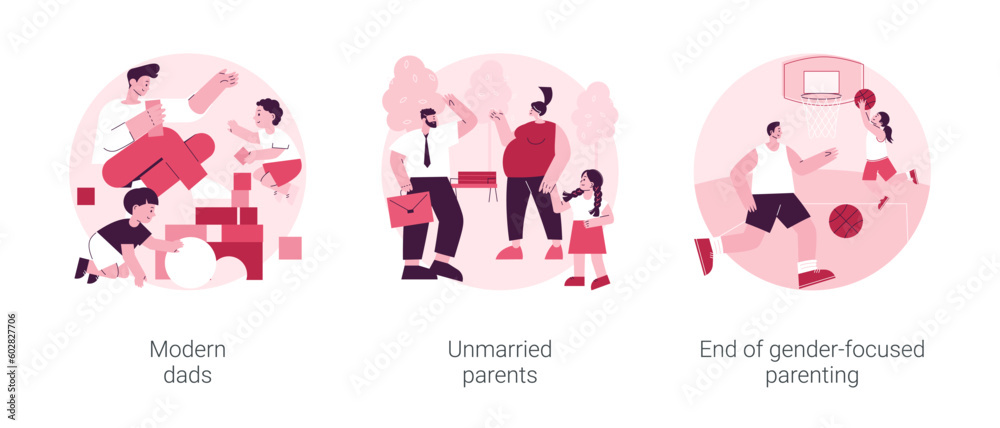 Parenting roles abstract concept vector illustration set. Modern dads, unmarried parents, end of gender-focused parenting, gender equality, active family, partners living together abstract metaphor.