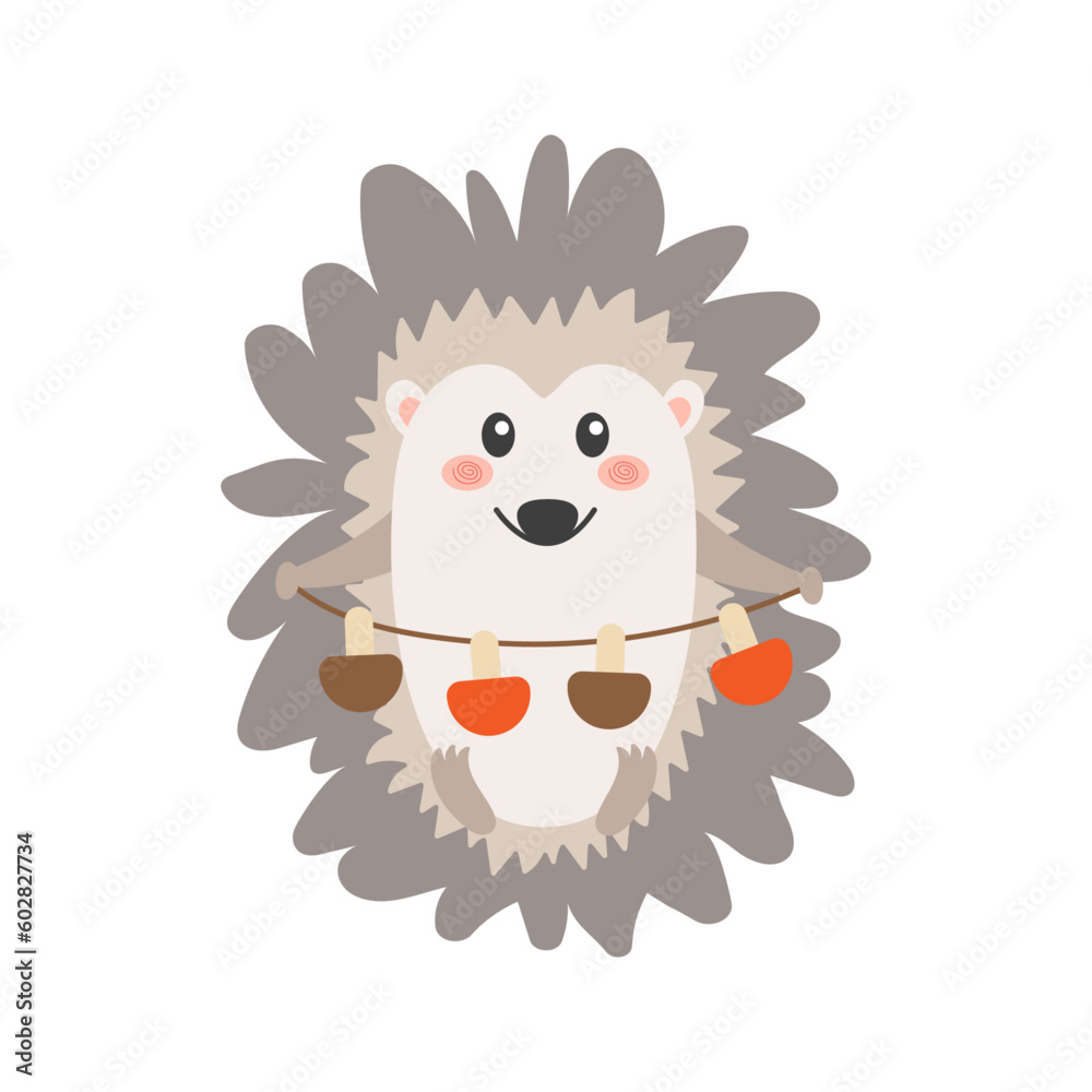Fototapeta premium Cute hedgehog with mushrooms in his hands in flat style isolated on white background.