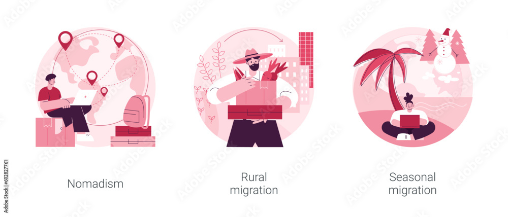 Changing habitation abstract concept vector illustration set. Nomadism, rural migration, seasonal movement, population growth and urbanization, hunters and gatherers, moving to city abstract metaphor. Changing habitation abstract concept vector illustration set. Nomadism, rural migration, seasonal movement, population growth and urbanization, hunters and gatherers, moving to city abstract metaphor.