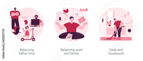 Happy family abstract concept vector illustration set. Balancing father time, work and family balance, dads and housework, time together, chores at home, time management abstract metaphor.