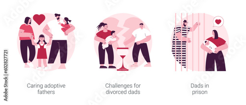 Father in kids life abstract concept vector illustration set. Caring adoptive fathers, challenges for divorced dads, dads in prison, foster care, family instability, child custody abstract metaphor.
