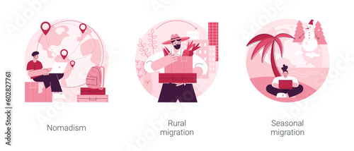 Changing habitation abstract concept vector illustration set. Nomadism, rural migration, seasonal movement, population growth and urbanization, hunters and gatherers, moving to city abstract metaphor.