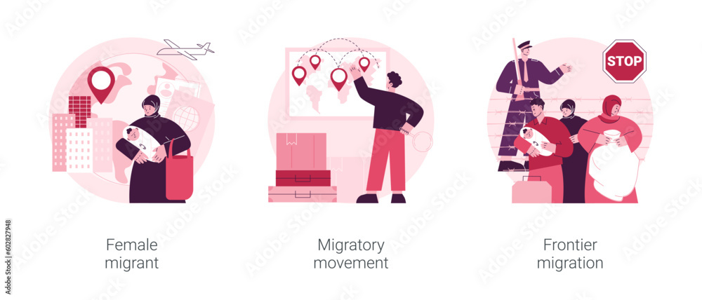 Human migration abstract concept vector illustration set. Female migrant, migratory movement, frontier migration services, international marriage, passport and documents, crisis abstract metaphor. Human migration abstract concept vector illustration set. Female migrant, migratory movement, frontier migration services, international marriage, passport and documents, crisis abstract metaphor.