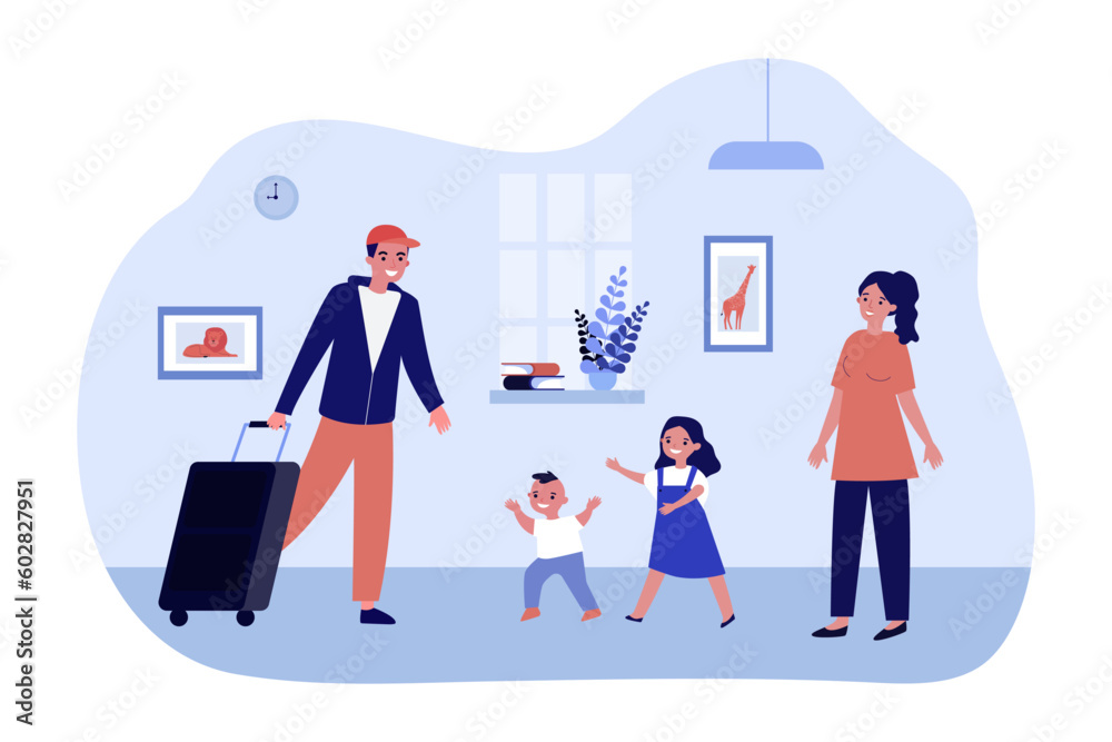 Father coming home after business trip vector illustration. Drawing of happy wife and children greeting man, son and daughter running towards dad. Family, reunion, happiness, togetherness concept