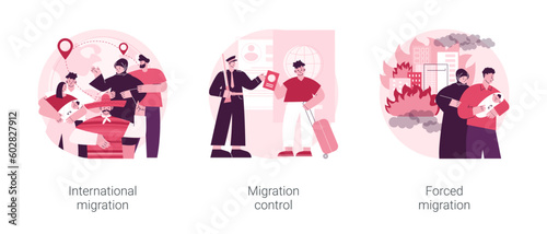 Leaving a country abstract concept vector illustration set. International migrants, border migration control, forced displacement, refugee group, check documents, application form abstract metaphor.