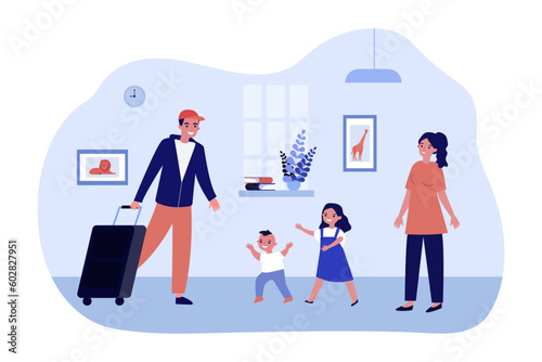 Father coming home after business trip vector illustration. Drawing of happy wife and children greeting man, son and daughter running towards dad. Family, reunion, happiness, togetherness concept