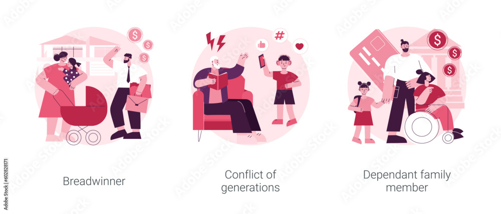 Fototapeta premium Family needs and communication abstract concept vector illustration set. Breadwinner, conflict of generations, dependant family member, disabled parent, freelance work, businessman abstract metaphor.