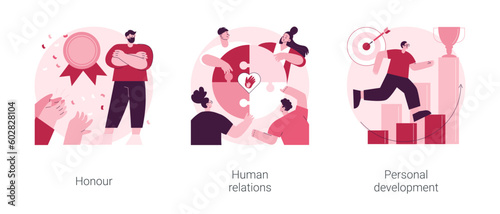 Social abilities abstract concept vector illustration set. Honour and high moral principles, human relations, personal development, public respect, self improvement, coach abstract metaphor.
