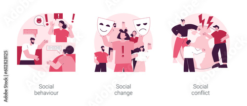 Social activity abstract concept vector illustration set. Social behaviour  public demonstration  collective protest  social conflict  school bullying  youth abuse  gang fighting abstract metaphor.