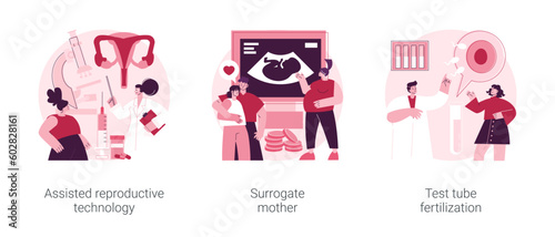 Infertility procedures abstract concept vector illustration set. Assisted reproductive technology, surrogate mother, test tube fertilization, in vitro, egg cell, pregnant woman abstract metaphor.