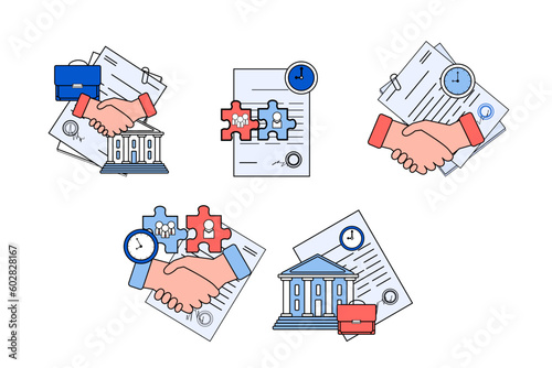 Public and private sectors deal vector illustrations set. Long term contracts, handshakes, agreement between public and private sectors. Partnership, management, government, finances concept