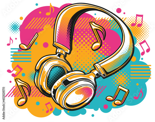 Music design - colorful wireless headphones and musical notes