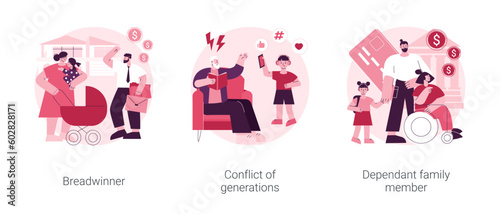 Family needs and communication abstract concept vector illustration set. Breadwinner, conflict of generations, dependant family member, disabled parent, freelance work, businessman abstract metaphor.