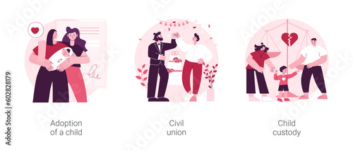 Family law abstract concept vector illustration set. Adoption of a child, civil union, child custody, single parent, happy family, wedding day, family conflict, parents divorce abstract metaphor.