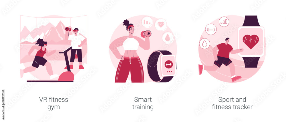 Smart personal training technologies abstract concept vector illustration set. VR fitness gym, smart experience, sport and fitness tracker, fit coaching application, health monitor abstract metaphor.