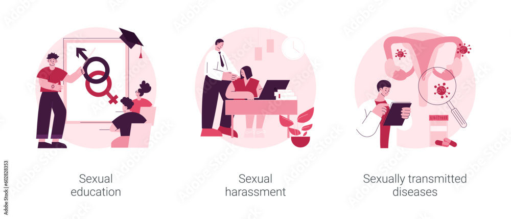 Sexual behavior abstract concept vector illustration set. Sexual harassment and sexually transmitted diseases, sex education, abuse and assault, insecure contact, labor relationship abstract metaphor.