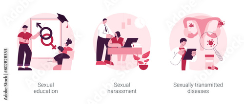 Sexual behavior abstract concept vector illustration set. Sexual harassment and sexually transmitted diseases, sex education, abuse and assault, insecure contact, labor relationship abstract metaphor.