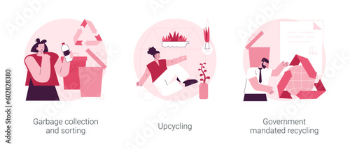 Waste collection and recycling problems abstract concept vector illustration set. Garbage sorting, upcycling, government mandated recycling, household disposal, creative reuse abstract metaphor.
