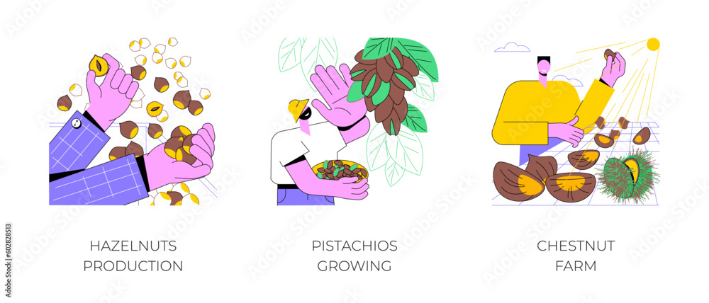 Tree nuts production isolated cartoon vector illustrations set. Farmer controls hazelnuts production, pistachios commercial growing, chestnut farm, harvesting season, agribusiness vector cartoon.