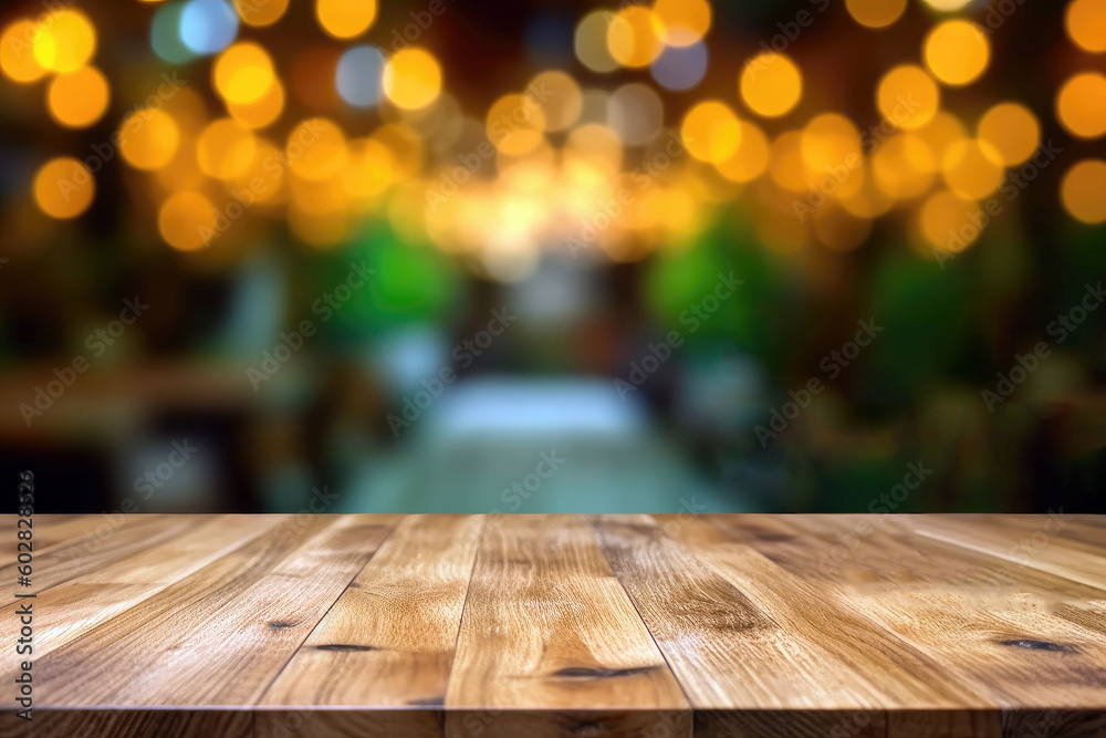 Empty brown wooden table and Coffee shop blur background with bokeh image. High quality photo