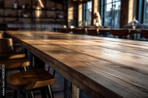 Empty wooden countertop table and chairs in coffee shop or restaurant background. High quality photo