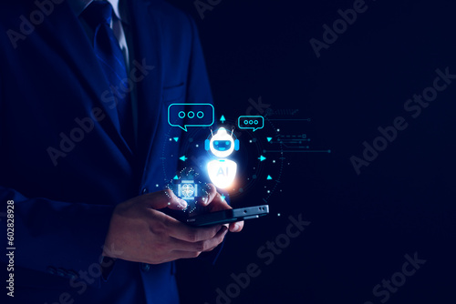 Chatbot concept. open AI, Artificial Intelligence. businessman using technology smart robot AI, enter command prompt, contact for business information analysis, Futuristic technology transformation.