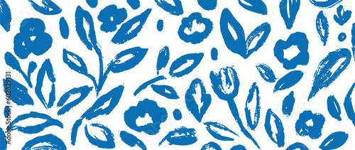 Leaves abstract art background vector. Natural leaves and floral pattern design in minimalist brush style. Design for fabric, print, cover, banner, decoration.