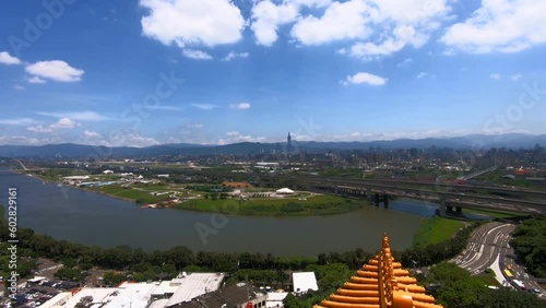 Looking at the scenery of Taipei from a distance, there is taipei 101, the Keelung River, Dajia Riverside Park  photo