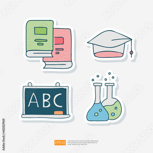 Book, Graduation Hat, Blackboard and Chemical Glass. Learning Education and School Class Doodle Sticker Icon Set Vector Illustration