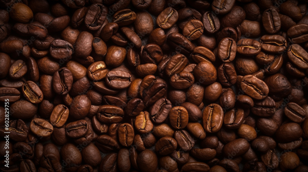 Coffee lover view of roasted coffee beans for background and texture. Dumped roasted coffee beans can be used as background and texture. Roasted coffee. Image generated by Ai.