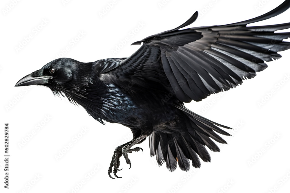 Image of a crow is flapping its wings on a white background. Wild Animals. Birds. Illustration. Generative AI. Image of a crow is flapping its wings on a white background. Wild Animals. Birds. Illustration. Generative AI.